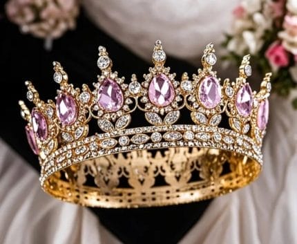 Coronita Aurie din metal cu strasuri roz mare